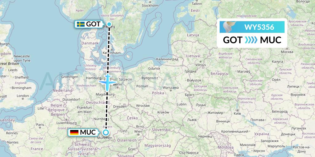 WY5356 Oman Air Flight Map: Gothenburg to Munich
