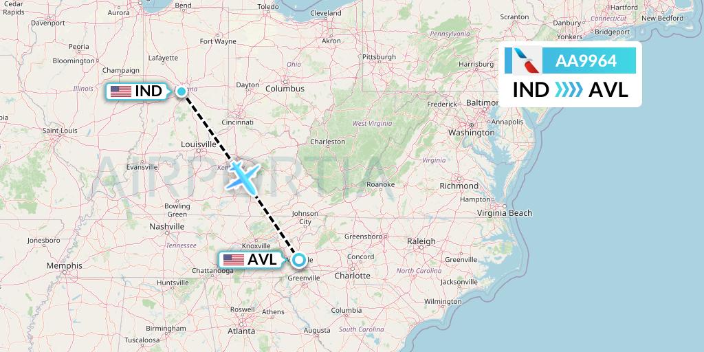 AA9964 American Airlines Flight Map: Indianapolis to Asheville
