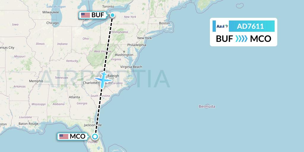 AD7611 Azul Brazilian Airlines Flight Map: Buffalo to Orlando