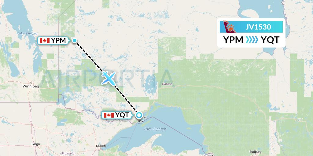 JV1530 Bearskin Airlines Flight Map: Pikangikum to Thunder Bay