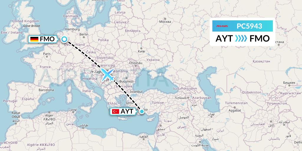 PC5943 Pegasus Airlines Flight Map: Antalya to Munster
