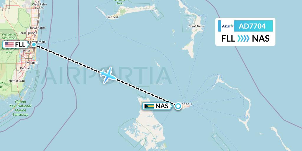 AD7704 Azul Brazilian Airlines Flight Map: Fort Lauderdale to Nassau