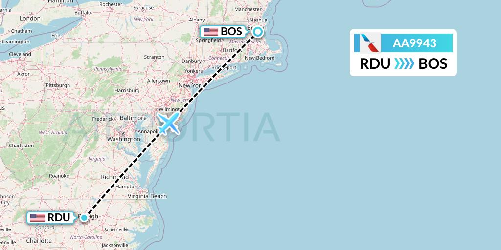 AA9943 American Airlines Flight Map: Raleigh-Durham to Boston