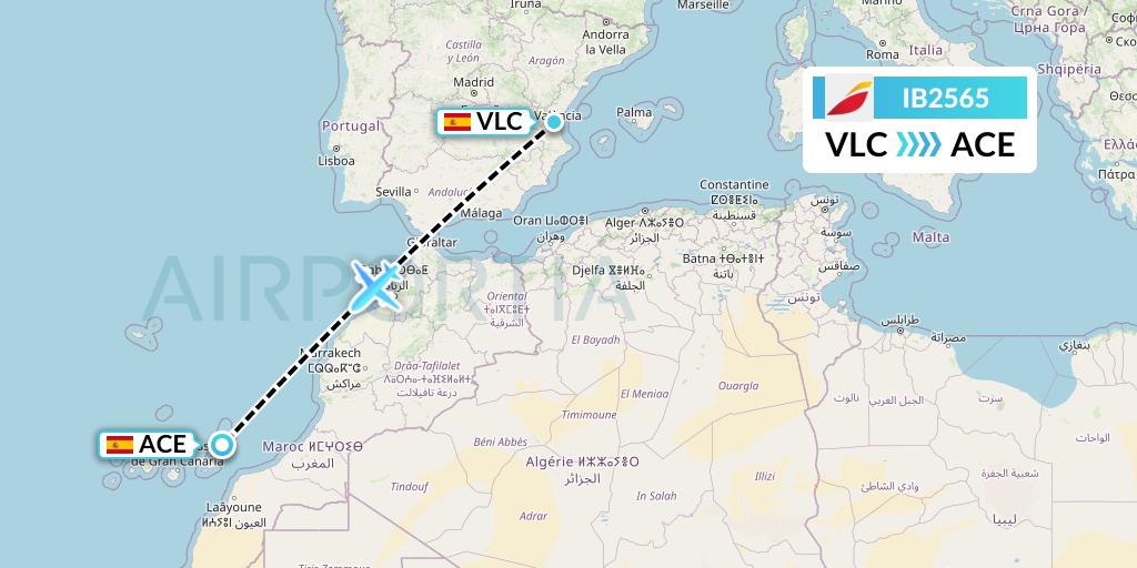IB2565 Iberia Flight Map: Valencia to Lanzarote