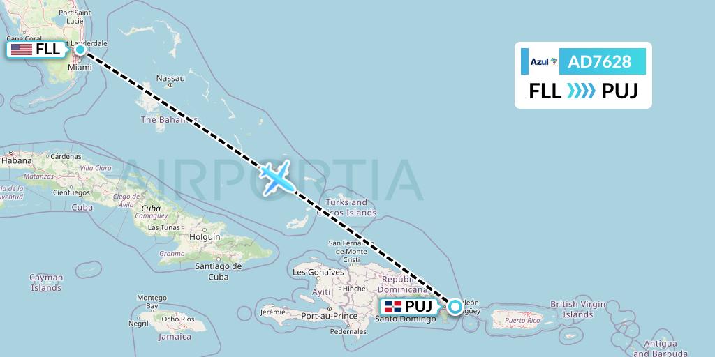 AD7628 Azul Brazilian Airlines Flight Map: Fort Lauderdale to Punta Cana