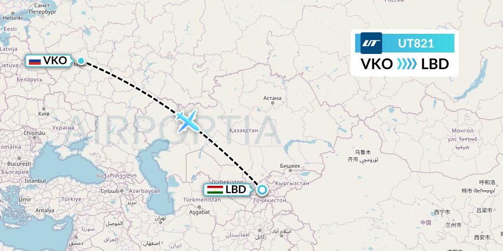 UT821 UTair Flight Map: Moscow to Khudzhand