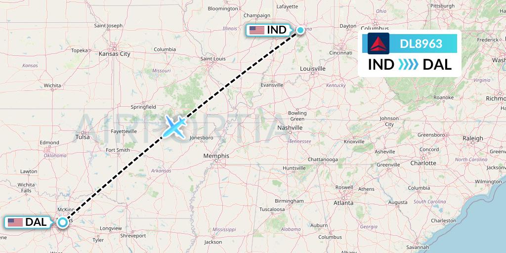 DL8963 Delta Air Lines Flight Map: Indianapolis to Dallas
