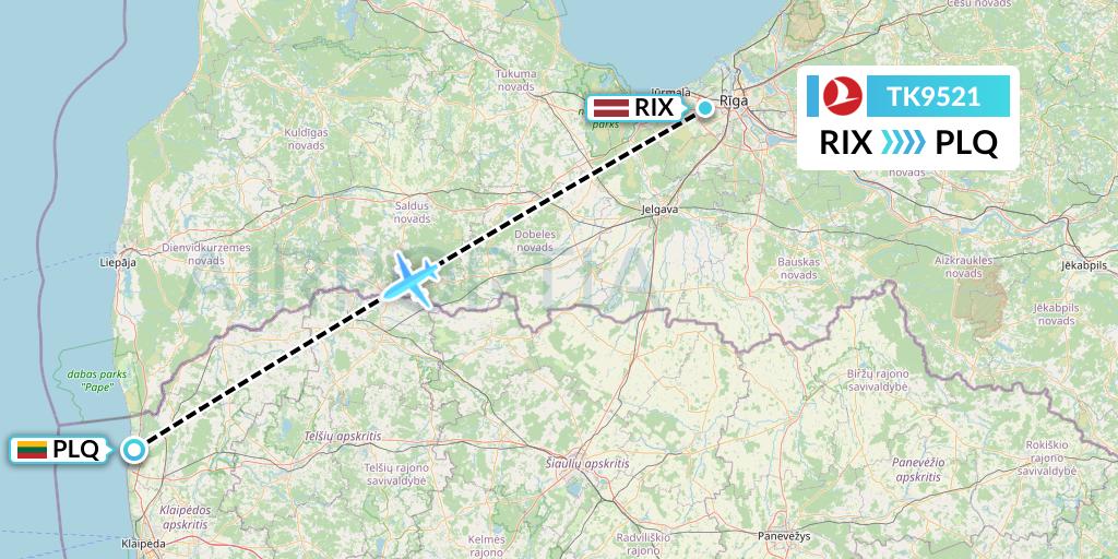 TK9521 Turkish Airlines Flight Map: Riga to Palanga