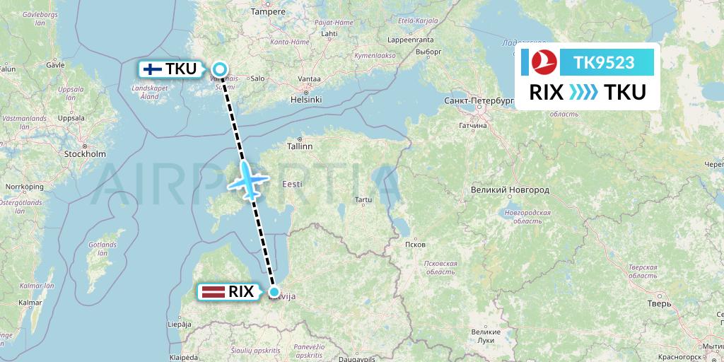 TK9523 Turkish Airlines Flight Map: Riga to Turku