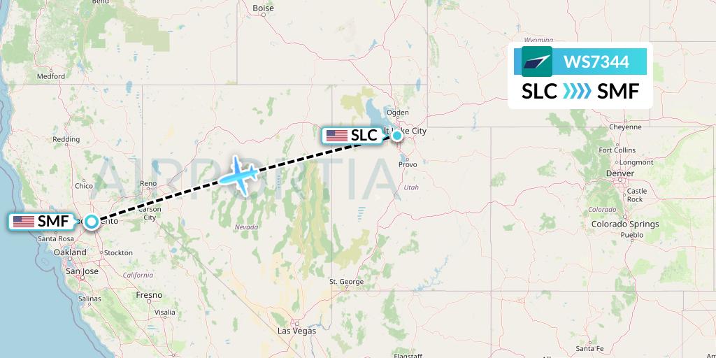 WS7344 WestJet Flight Map: Salt Lake City to Sacramento
