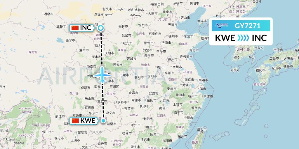GY7271 Colorful GuiZhou Airlines Flight Map: Guiyang to Yinchuan