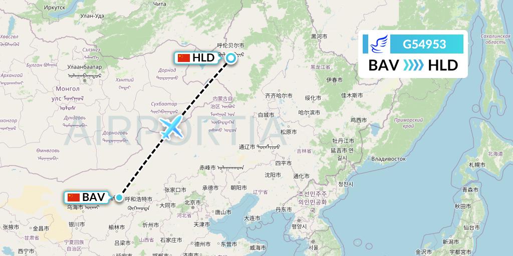 G54953 China Express Airlines Flight Map: Baotou to Hailar
