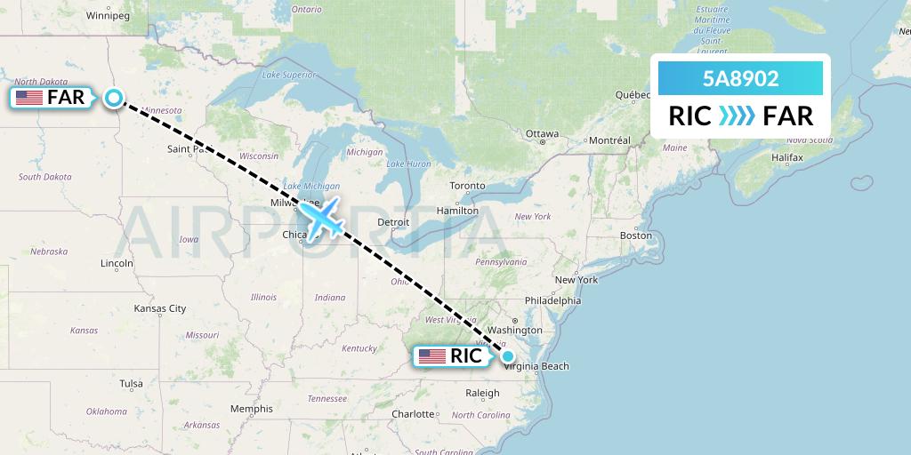 5A8902 Alpine Air Express Flight Map: Richmond to Fargo