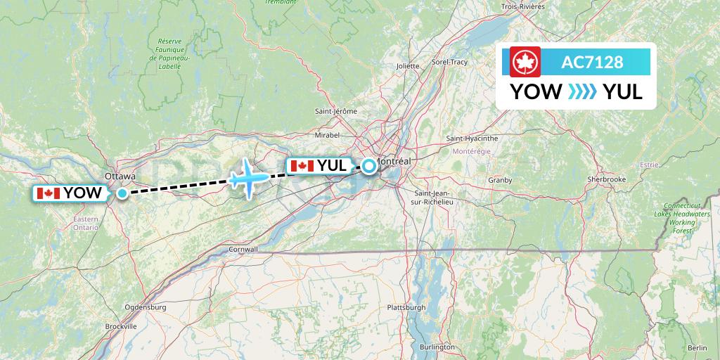 AC7128 Air Canada Flight Map: Ottawa to Montreal