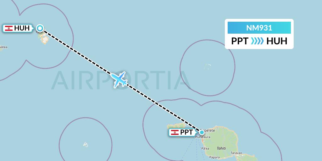 NM931 Air Moana Flight Map: Papeete to Huahine