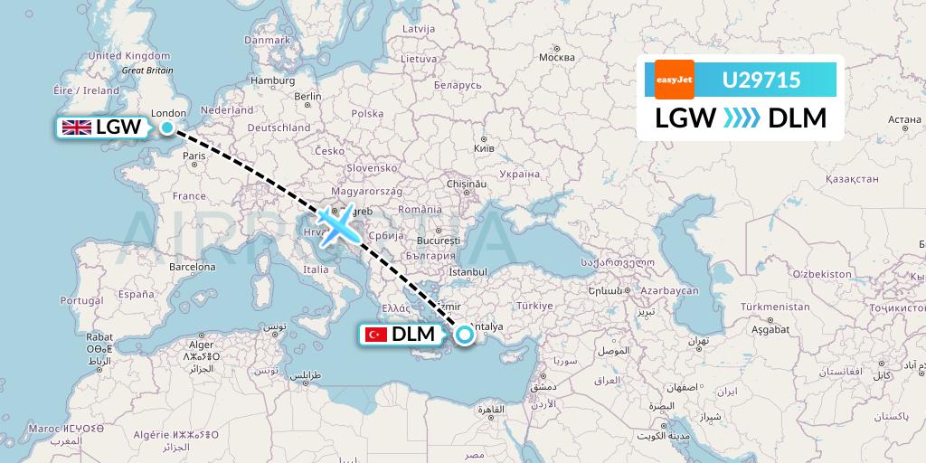 U29715 EasyJet Flight Map: London to Dalaman