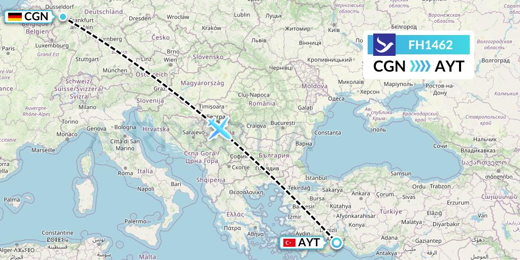 FH1462 Freebird Airlines Flight Map: Cologne to Antalya