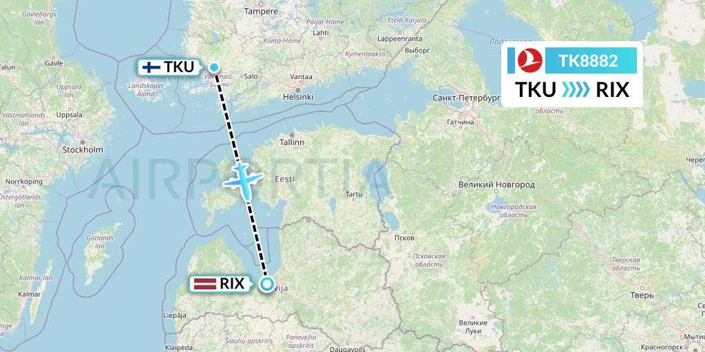 TK8882 Turkish Airlines Flight Map: Turku to Riga