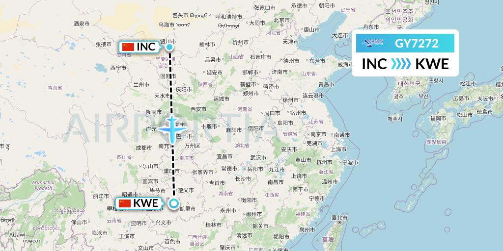 GY7272 Colorful GuiZhou Airlines Flight Map: Yinchuan to Guiyang