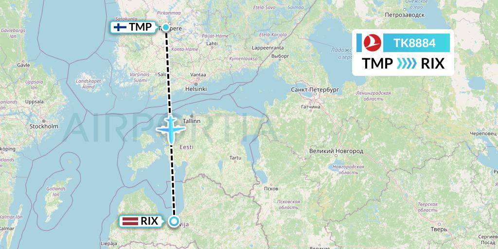 TK8884 Turkish Airlines Flight Map: Tampere to Riga