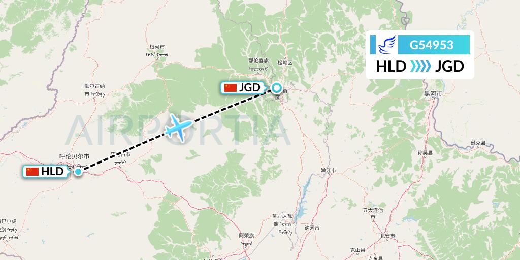 G54953 China Express Airlines Flight Map: Hailar to Jiagedaqi