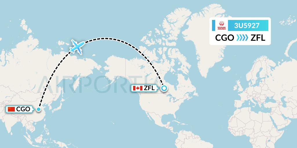 3U5927 Sichuan Airlines Flight Map: Zhengzhou to South Trout Lake