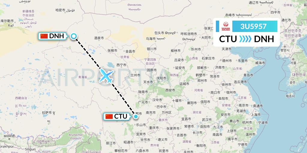 3U5957 Sichuan Airlines Flight Map: Chengdu to Dunhuang