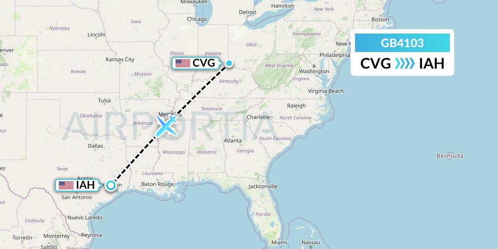GB4103 ABX Air Flight Map: Cincinnati to Houston