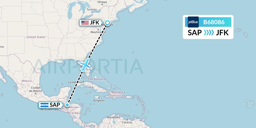 B68086 JetBlue Airways Flight Map: San Pedro Sula to New York