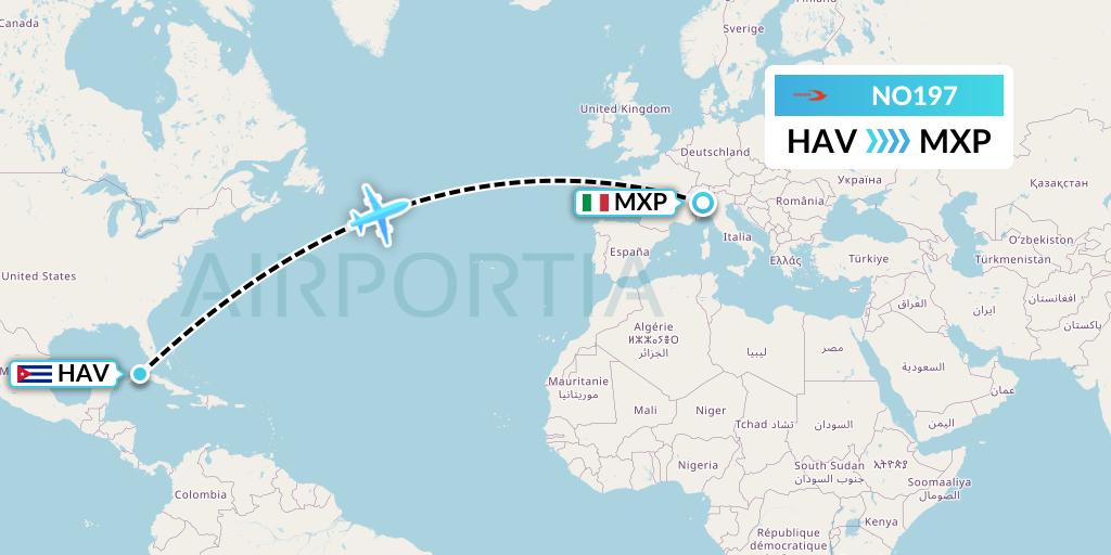 NO197 Neos Flight Map: Havana to Milan