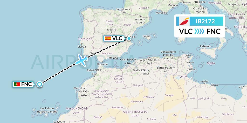 IB2172 Iberia Flight Map: Valencia to Funchal
