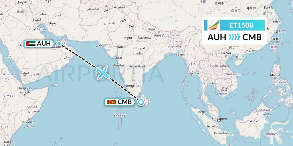 ET1508 Ethiopian Airlines Flight Map: Abu Dhabi to Colombo
