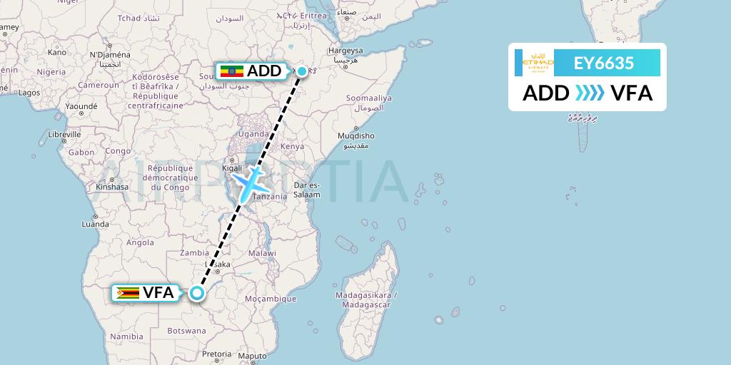 EY6635 Etihad Airways Flight Map: Addis Ababa to Victoria Falls
