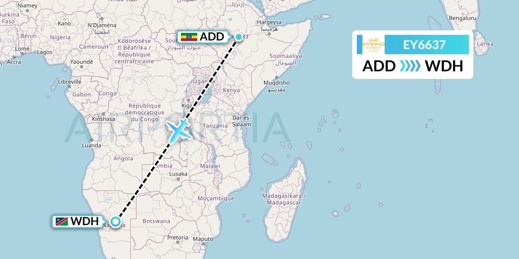 EY6637 Etihad Airways Flight Map: Addis Ababa to Windhoek