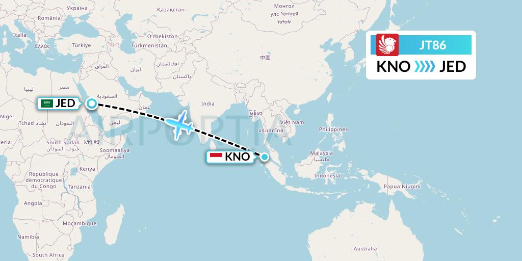 JT86 Lion Airlines Flight Map: Medan to Jeddah