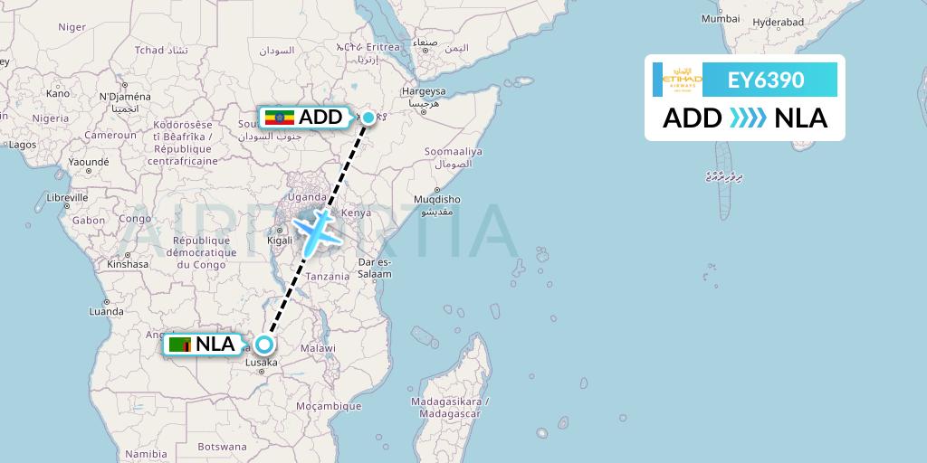 EY6390 Etihad Airways Flight Map: Addis Ababa to Ndola