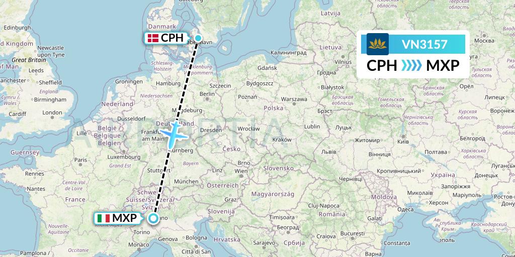 VN3157 Vietnam Airlines Flight Map: Copenhagen to Milan