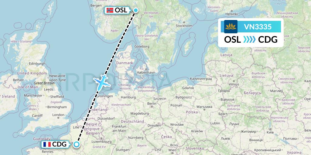 VN3335 Vietnam Airlines Flight Map: Oslo to Paris