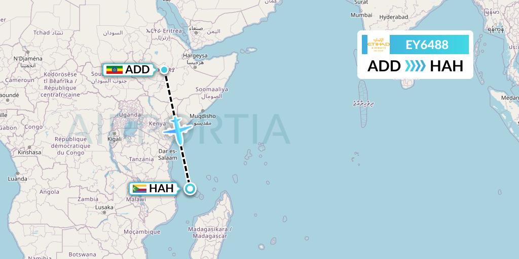EY6488 Etihad Airways Flight Map: Addis Ababa to Moroni