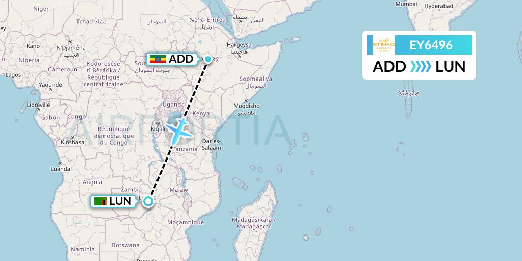 EY6496 Etihad Airways Flight Map: Addis Ababa to Lusaka