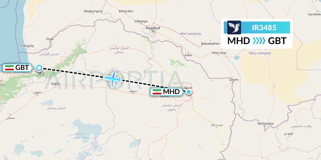 IR3485 Iran Air Flight Map: Mashhad to Gorgan