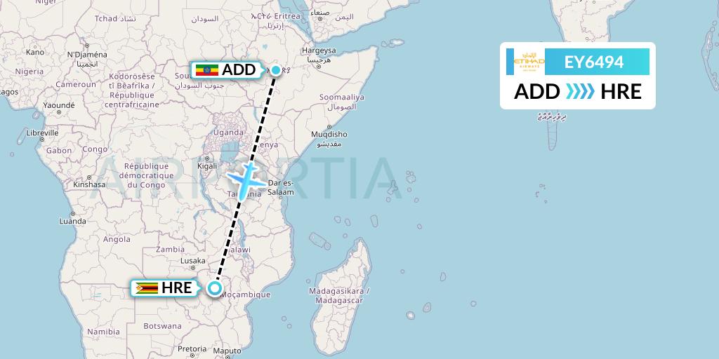EY6494 Etihad Airways Flight Map: Addis Ababa to Harare