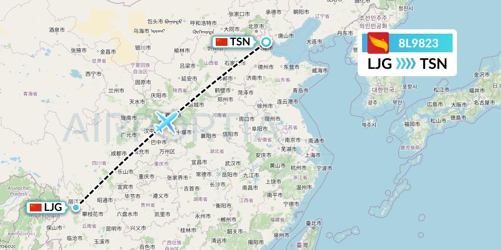 8L9823 Lucky Air Flight Map: Lijiang to Tianjin