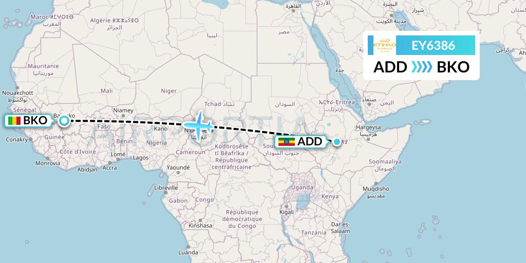 EY6386 Etihad Airways Flight Map: Addis Ababa to Bamako