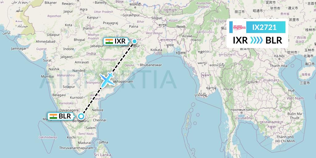 IX2721 Air India Express Flight Map: Ranchi to Bangalore