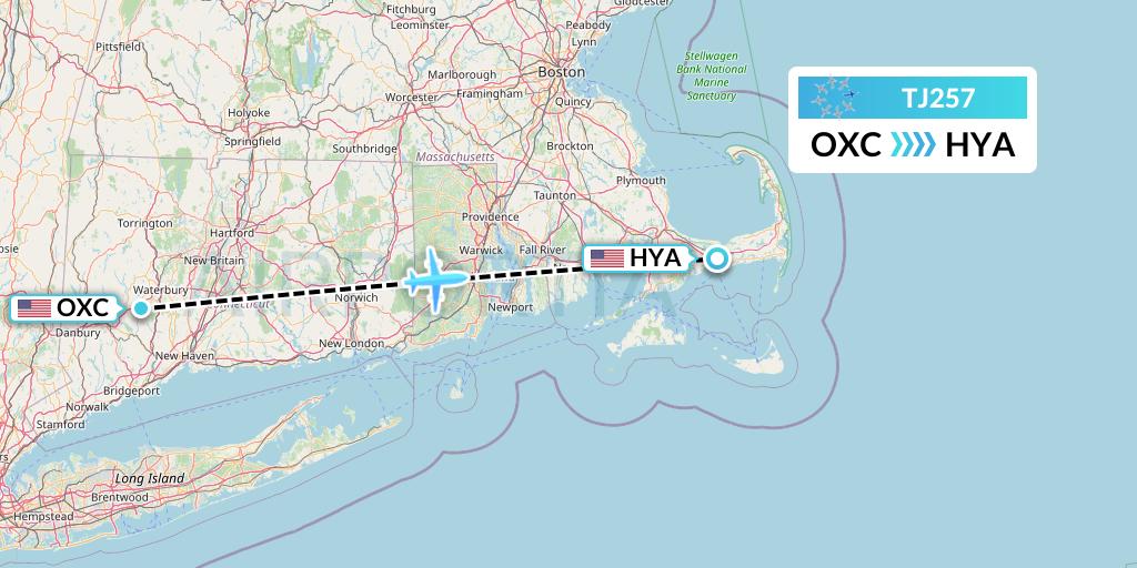 TJ257 Tradewind Aviation Flight Map: Oxford to Hyannis