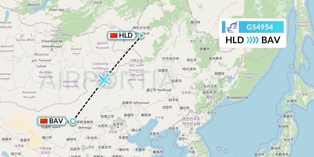 G54954 China Express Airlines Flight Map: Hailar to Baotou