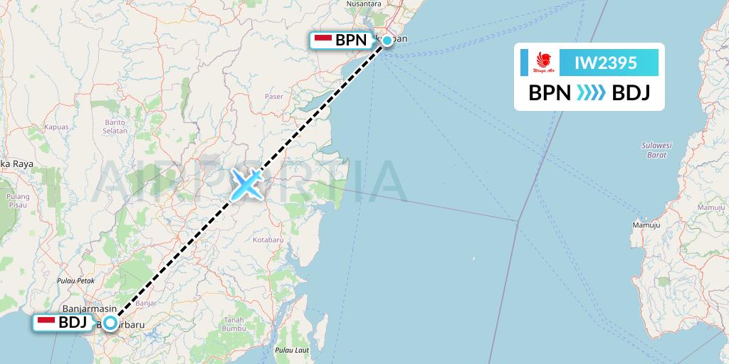 IW2395 Wings Air Flight Map: Balikpapan to Banjarmasin