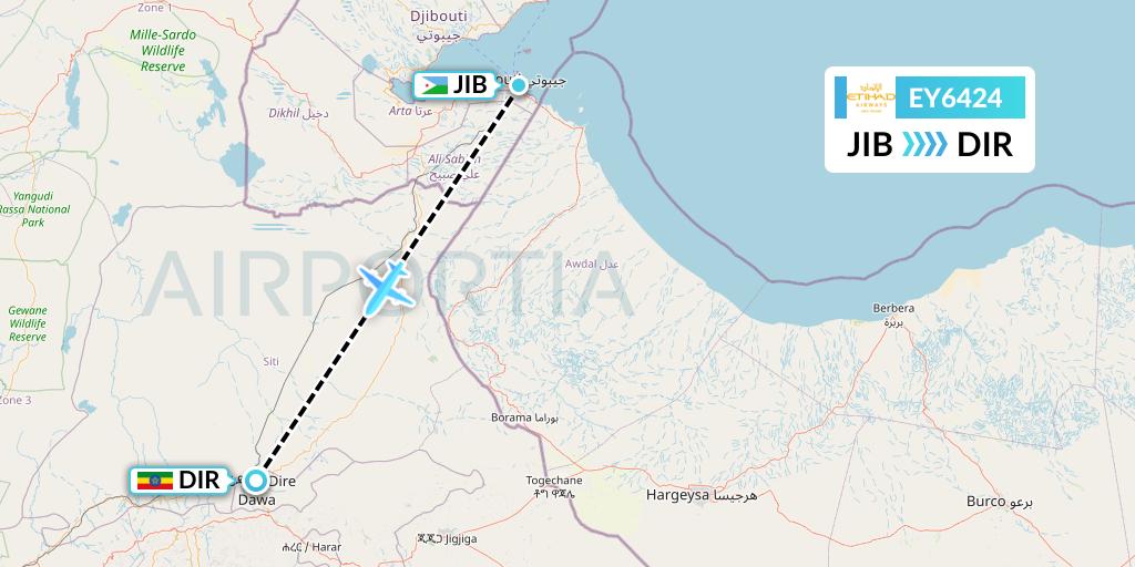 EY6424 Etihad Airways Flight Map: Djibouti to Dire Dawa