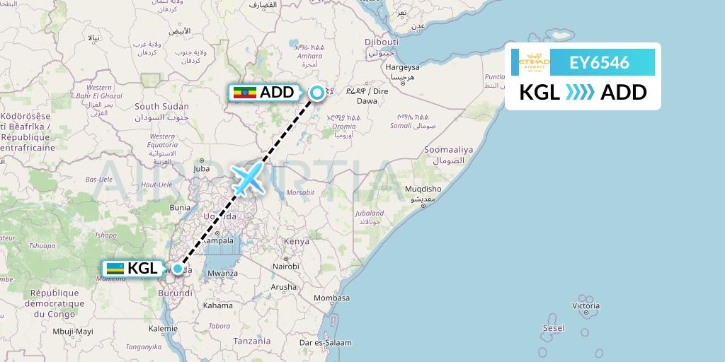 EY6546 Etihad Airways Flight Map: Kigali to Addis Ababa